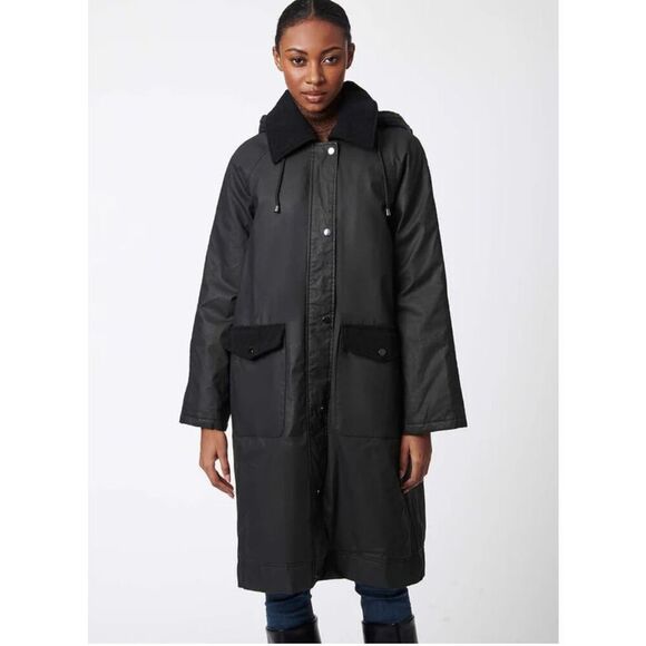 Bernardo Womens Urban Noir Wax Long Sleeve Twill Coat Jacket Black Medium‎ NWT - Picture 1 of 16